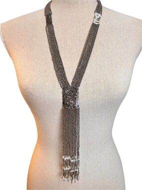 Vintage Beaded Lariat Tassel Necklace, Silver Seed Bead & Fringe Flapper-Style